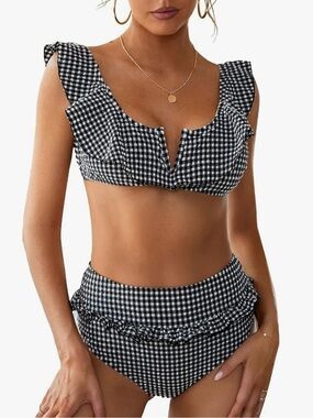 Two Piece High Waisted Flounce Bikini Gingham Tummy Control Size Medium